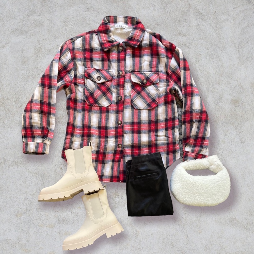 New Boutique Red Flannel Plaid Shacket Button Down Shirt Size Large